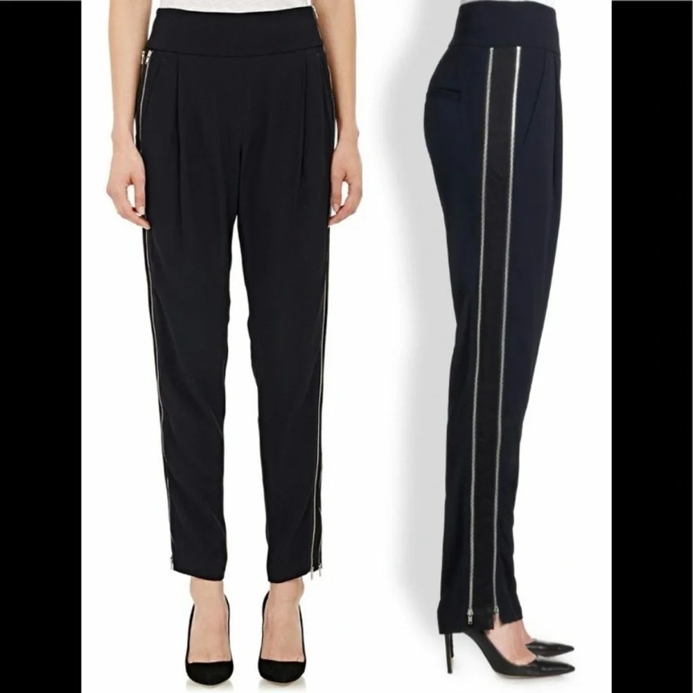 A.L.C. Side Zip Trousers Blue/Blk Trim SZ 2 High Rise Pockets Casual Evening - Picture 3 of 16